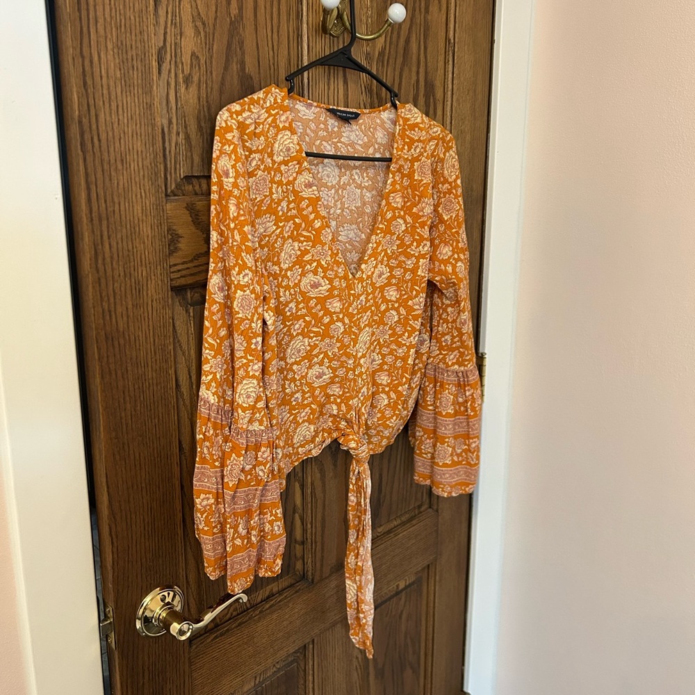 American Eagle Outfitters Orange Floral Boho Blouse Medium - Picture 2 of 9